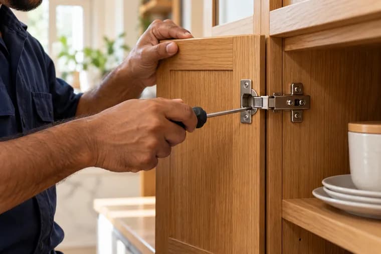 Careful adjustment of a hinge on a wooden cabinet