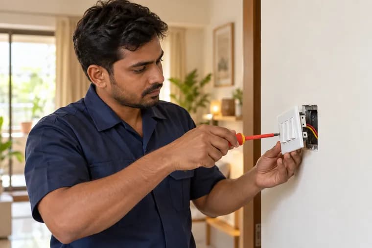 An electrician using an insulated tool on a disconnected switch plate