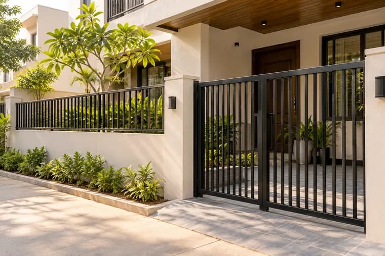 A black metal gate and railing at a contemporary home
