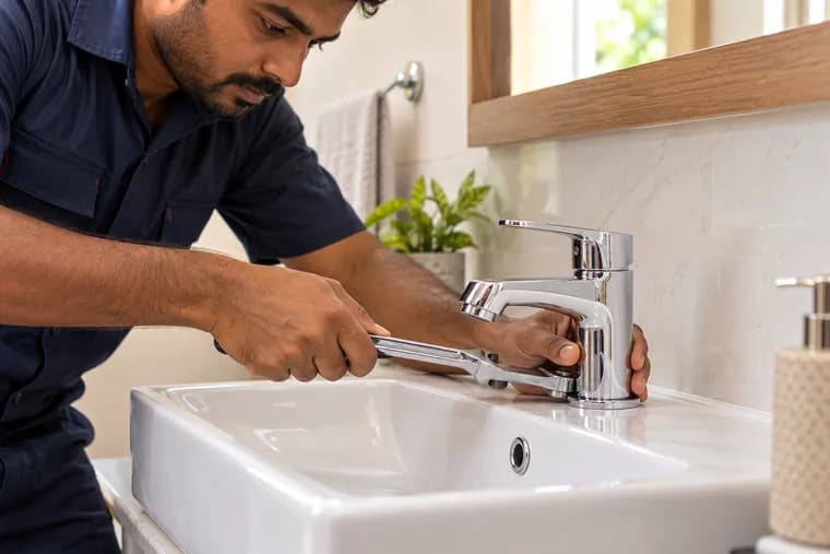A technician fitting a chrome tap at a clean bathroom basin