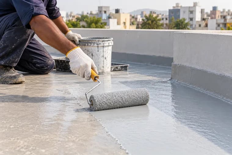 Illustrative close-up of a tradesperson rolling waterproof coating onto a roof terrace